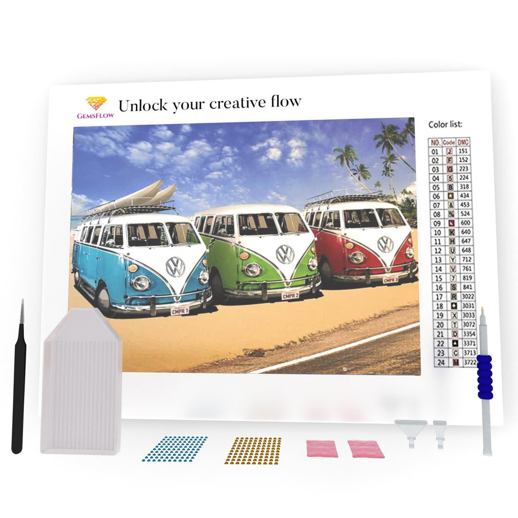 Blue, Green And Red Buses DIY Diamond Painting