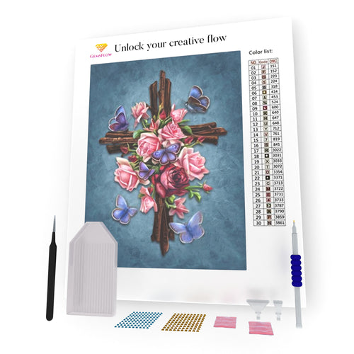 Cross With Flowers And Butterflies DIY Diamond Painting