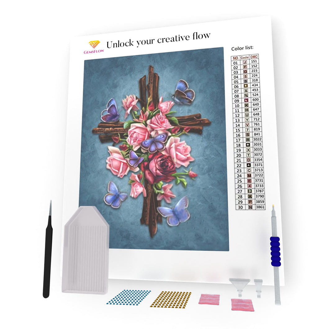 Cross With Flowers And Butterflies DIY Diamond Painting