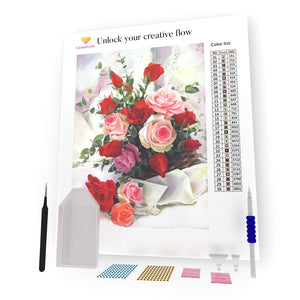 Pink And Red Roses On The White Tablecloth DIY Diamond Painting