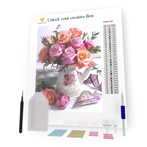 Pink Flowers And A Heart DIY Diamond Painting