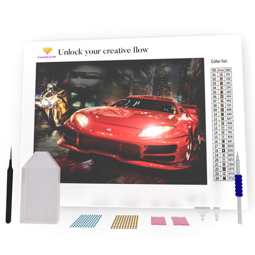 Red Car And Motorcyclist DIY Diamond Painting