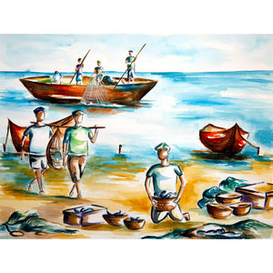 A Sea Coast Showing Fishermen At Work DIY Diamond Painting