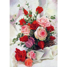 Load image into Gallery viewer, Pink And Red Roses On The White Tablecloth DIY Diamond Painting